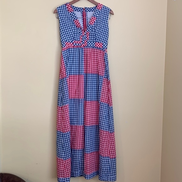 Vintage Dresses & Skirts - Vintage Beautiful Gingham Check Patchwork Maxi Handmade Sleeveless Maxi Dress S